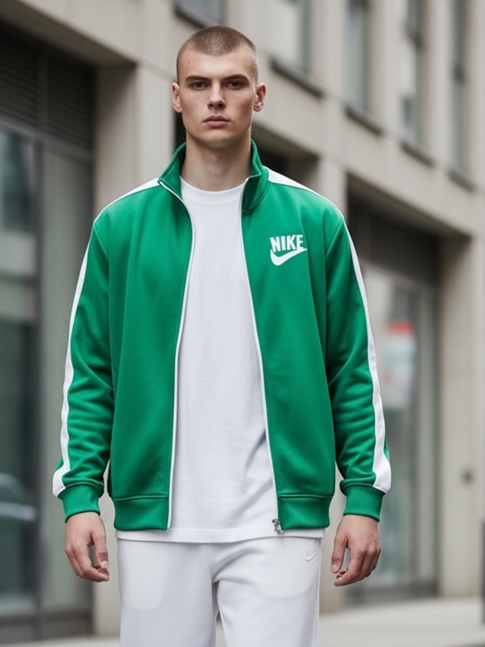 Nike Green Track Jacket with White Stripe Accents